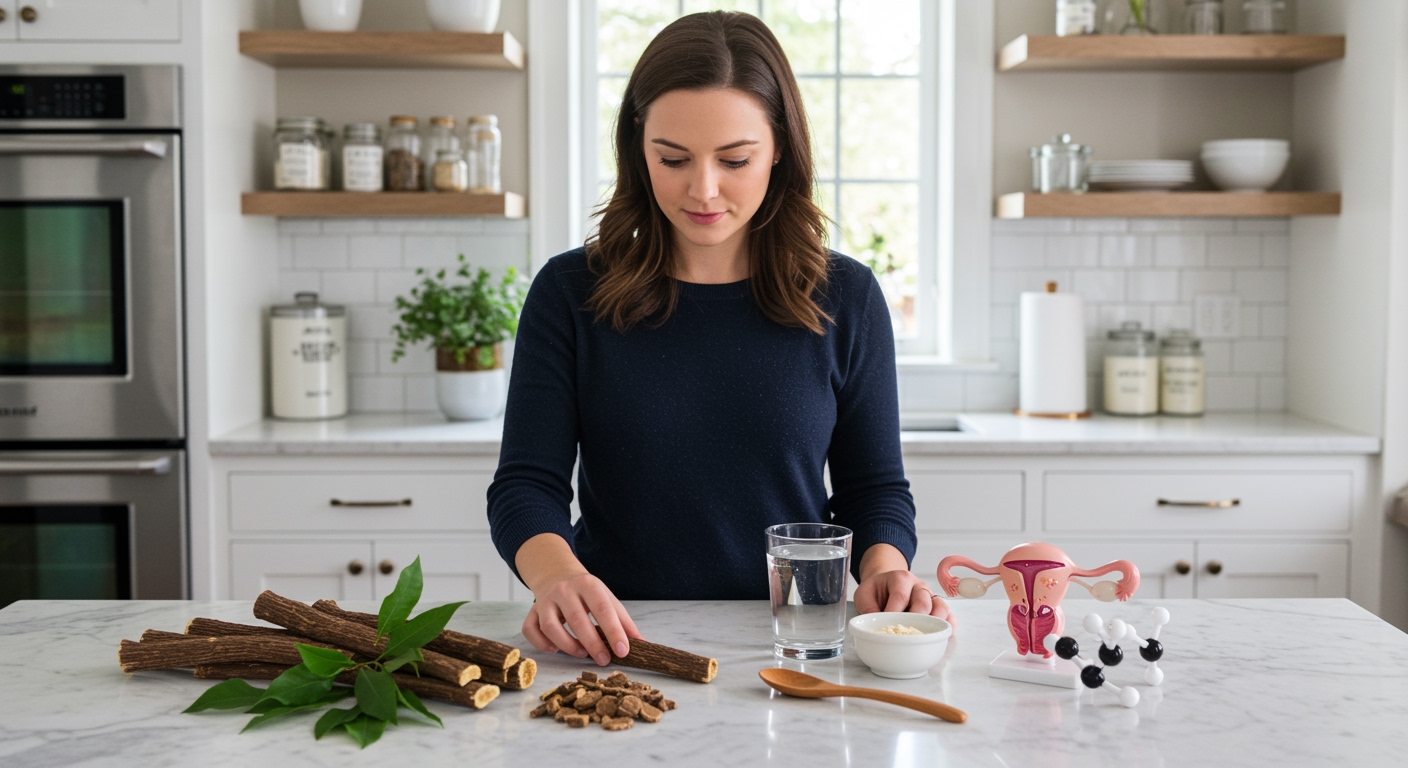 Young woman examining dried licorice root and plant stems on white marble counter with hormone models in modern kitchen