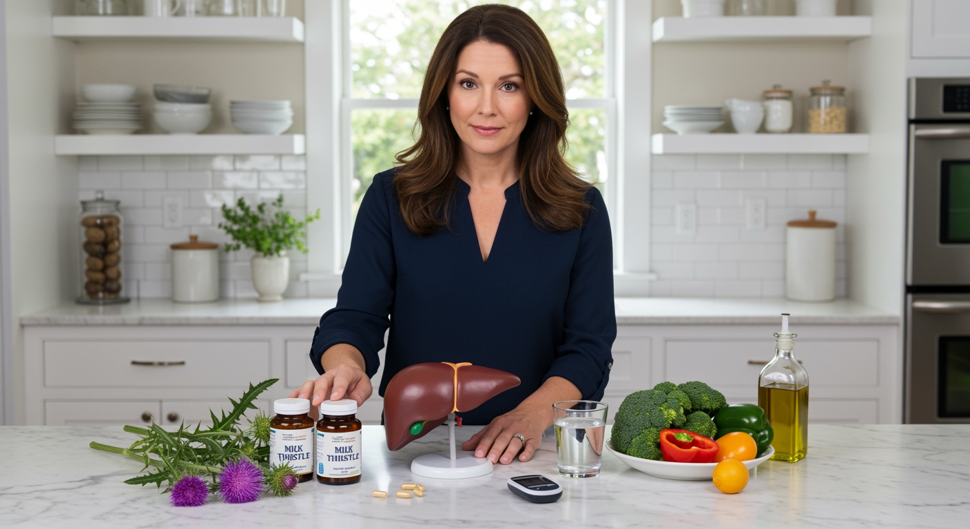 Woman touching liver model while standing behind marble counter with milk thistle supplements and healthy foods in modern kitchen
