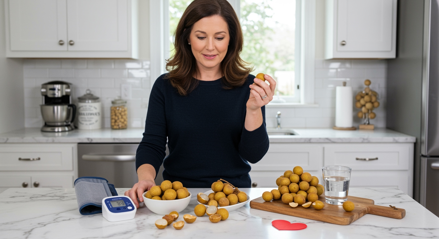 Middle-aged woman holding longan fruits behind marble counter with blood pressure monitor and health items in modern kitchen