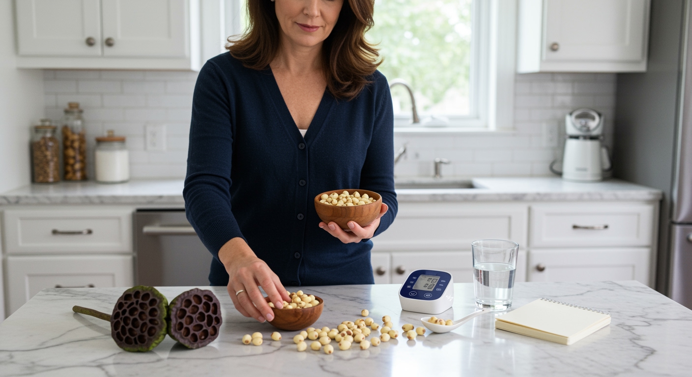 Middle-aged woman holding bowl of lotus seeds behind marble counter with blood pressure monitor and health items in modern kitchen