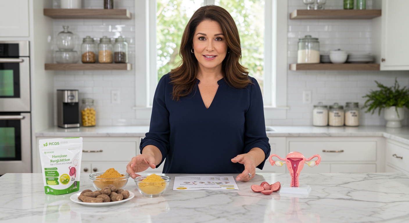Woman standing behind marble counter examining maca root powder and PCOS educational materials in bright modern kitchen