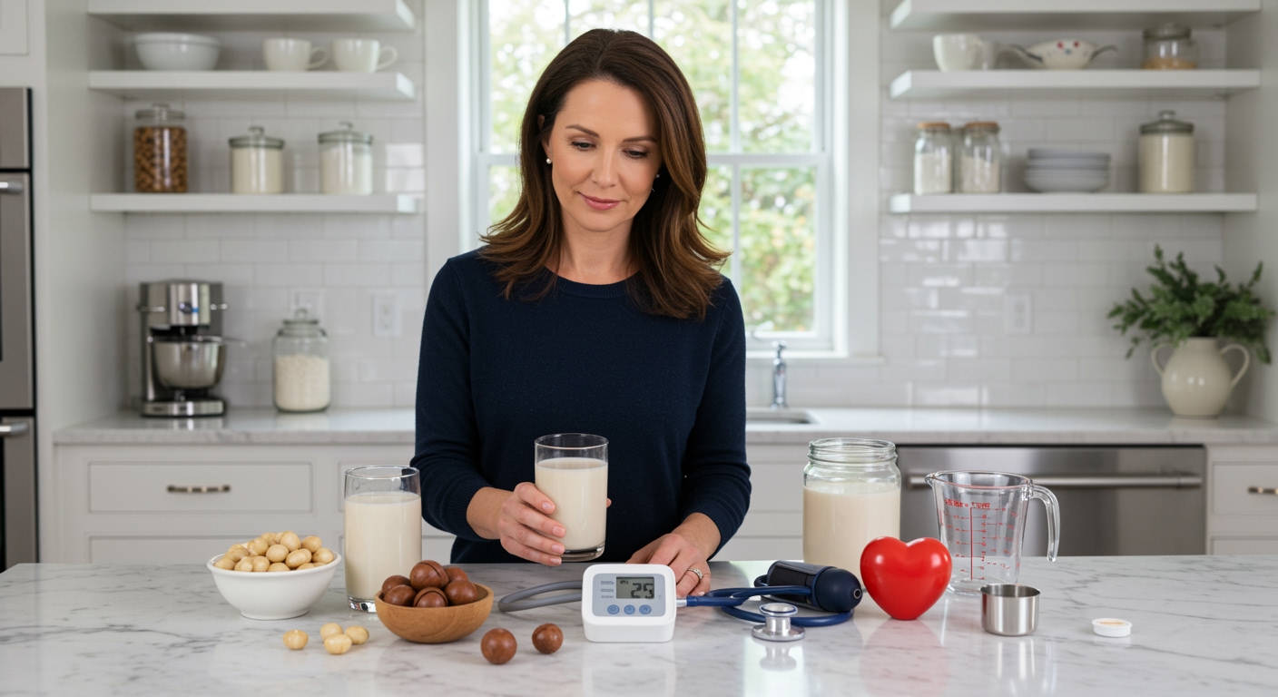 Woman holding glass of macadamia cream while examining blood pressure monitor on marble countertop with nuts and heart symbol