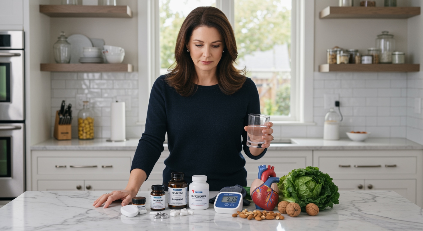 Woman holding glass of water examining magnesium supplements and blood pressure monitor on marble countertop in modern kitchen