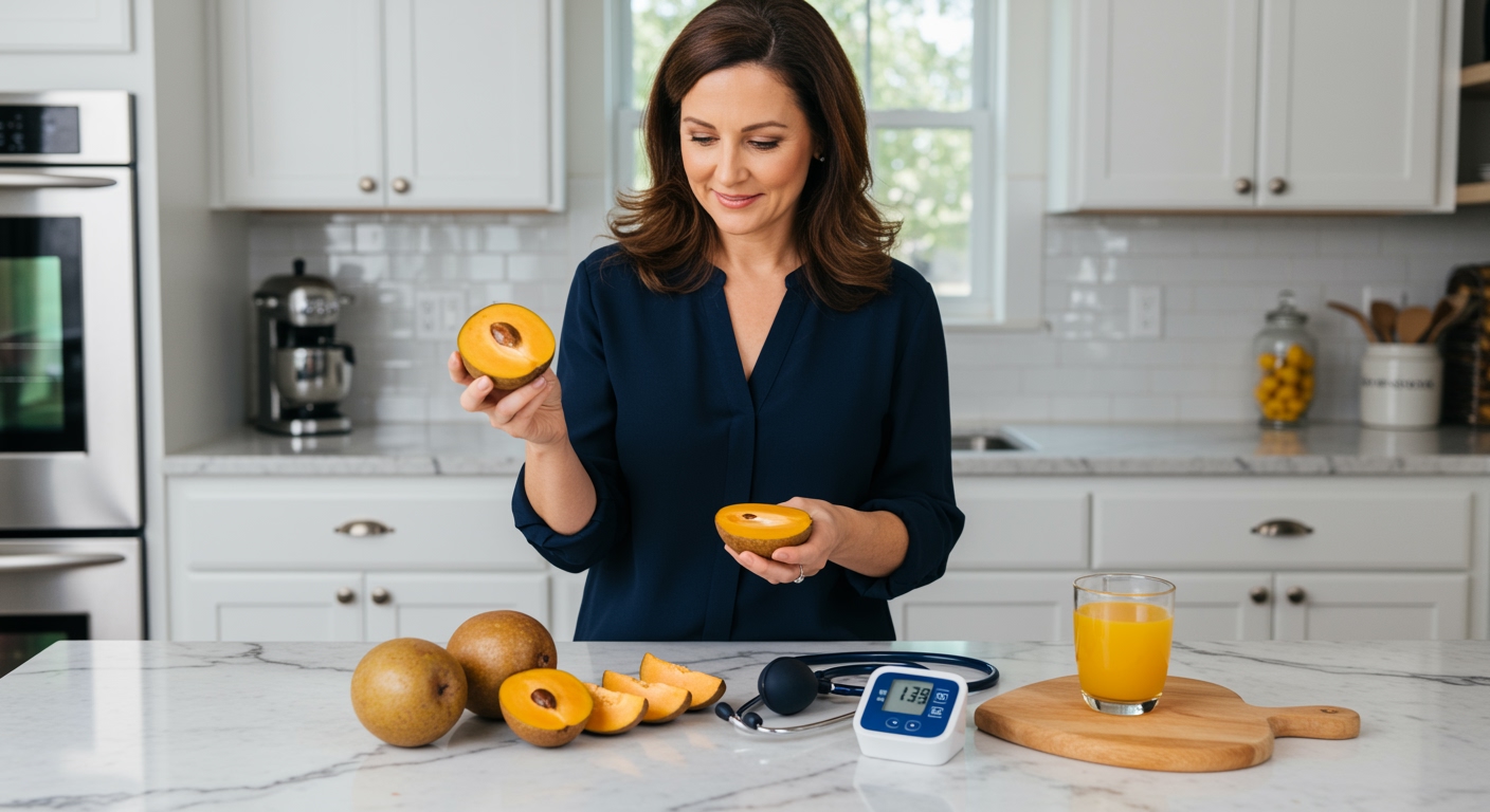 Woman holding halved mamey fruit behind marble counter with blood pressure monitor and medical equipment in modern kitchen