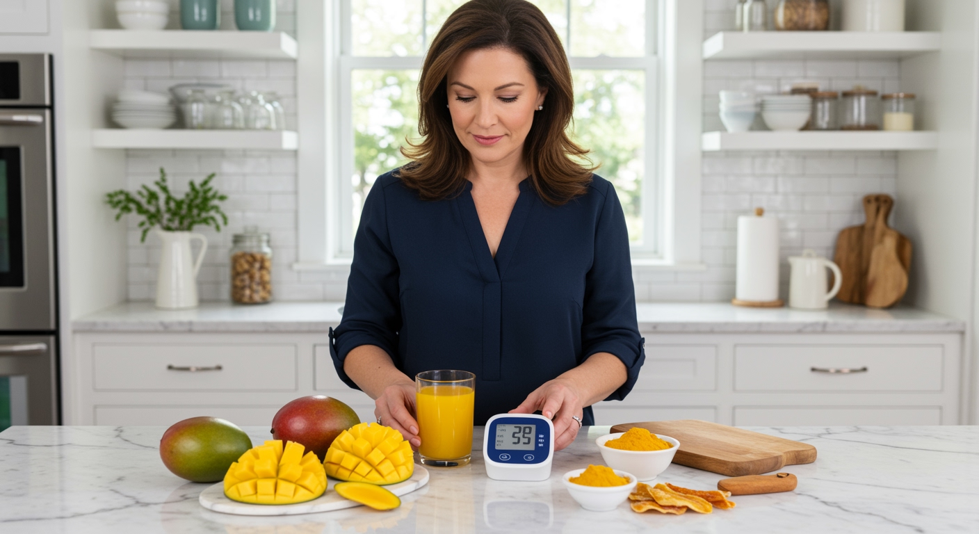 Woman holding mango slice with blood pressure monitor and mango products arranged on white marble kitchen counter