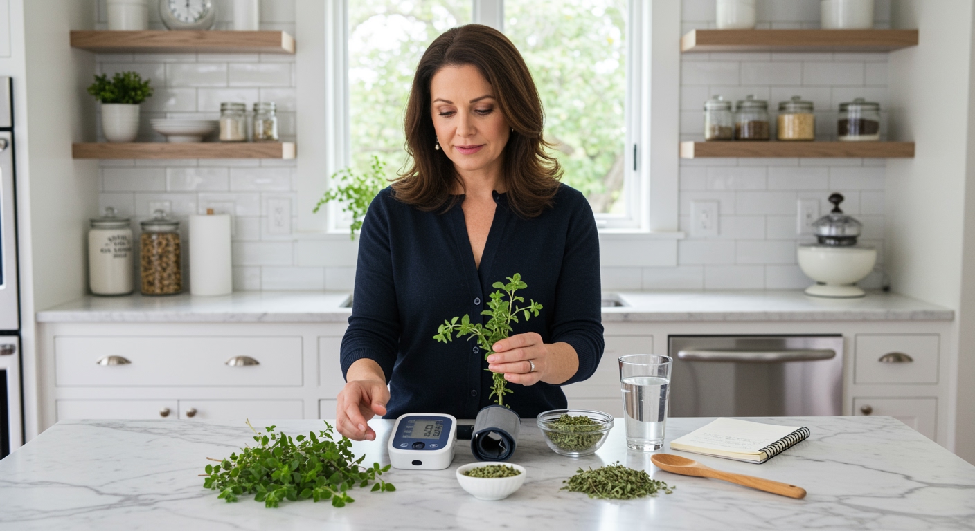 Woman examining fresh marjoram sprigs with blood pressure monitor and herbs on white marble kitchen countertop