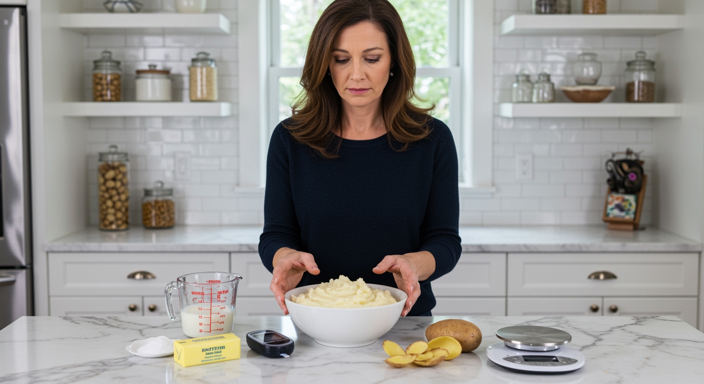 Woman examining bowl of mashed potatoes with blood glucose meter and ingredients on white marble countertop in modern kitchen