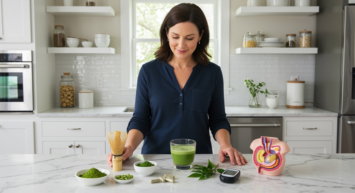 Middle-aged woman standing behind marble counter with matcha powder, whisk, prepared drink, glucose meter, and pancreas model in bright kitchen