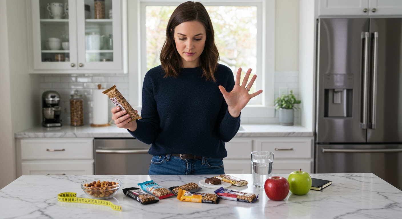 Woman examining meal bar ingredients on marble countertop with various bars, nuts, apple, and notebook in modern kitchen