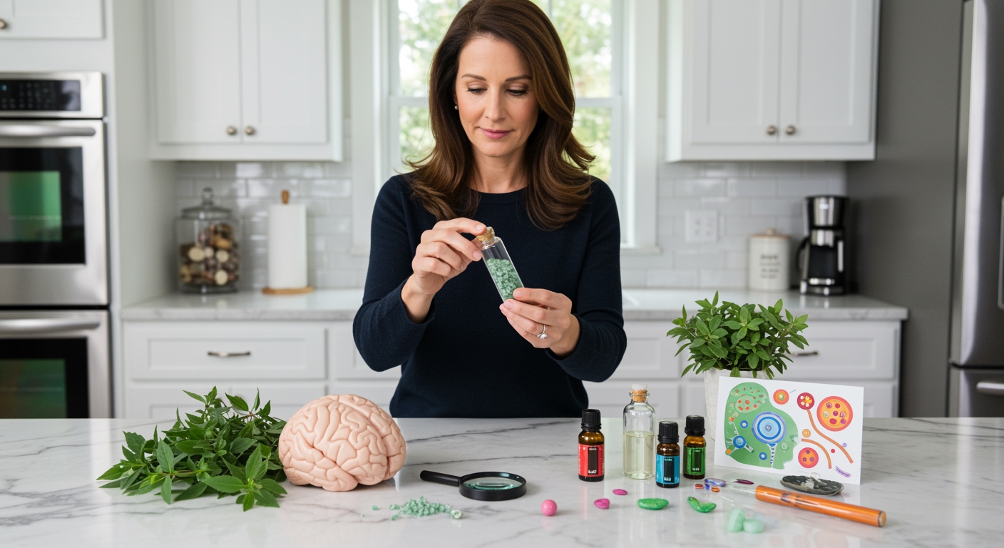 Woman holding menthol vial behind marble counter with brain model and essential oils in modern kitchen setting