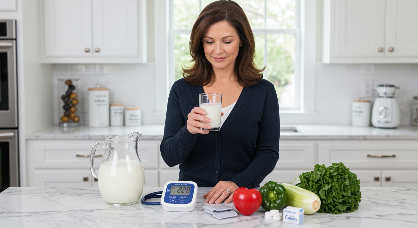 Woman holding glass of milk next to blood pressure monitor on marble counter with heart symbol and health items