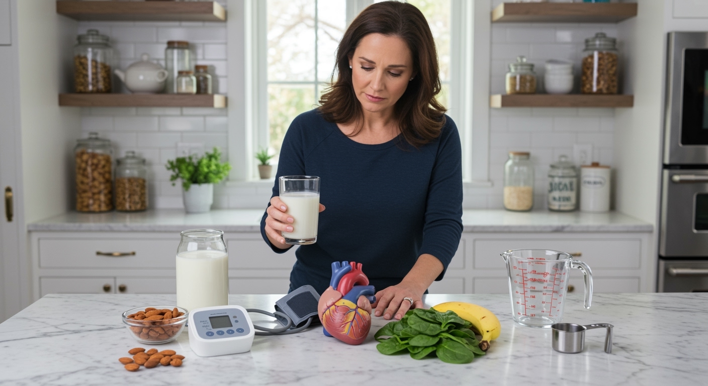 Middle-aged woman holding glass of milk standing behind marble counter with blood pressure monitor, heart model, and healthy foods