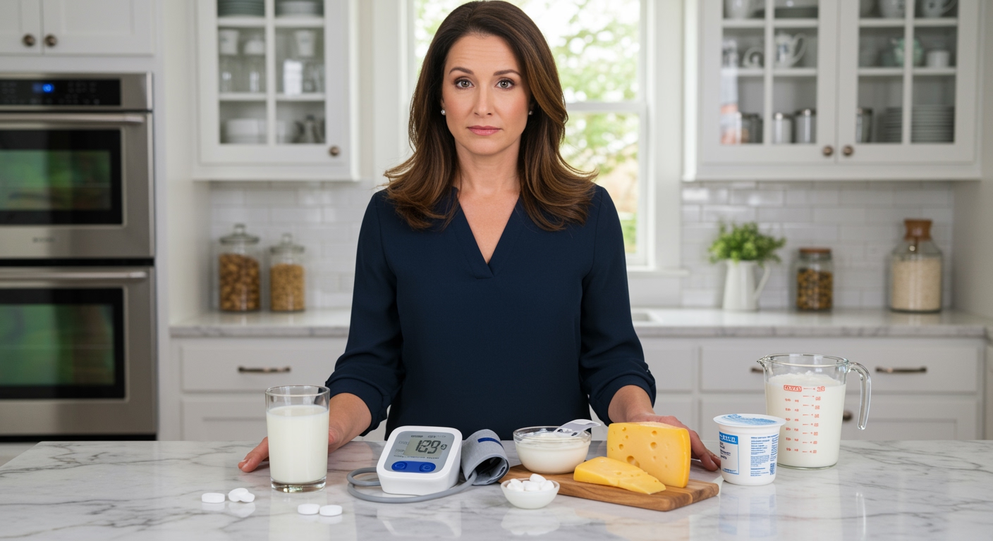 Middle-aged woman standing behind marble counter with milk glass, blood pressure monitor, and dairy products in bright kitchen
