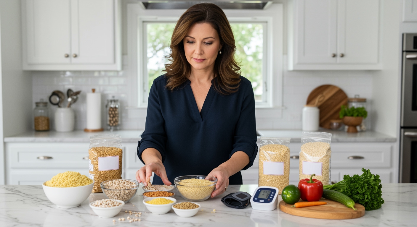 Middle-aged woman examining millet varieties and blood pressure monitor on white marble kitchen counter in bright modern kitchen