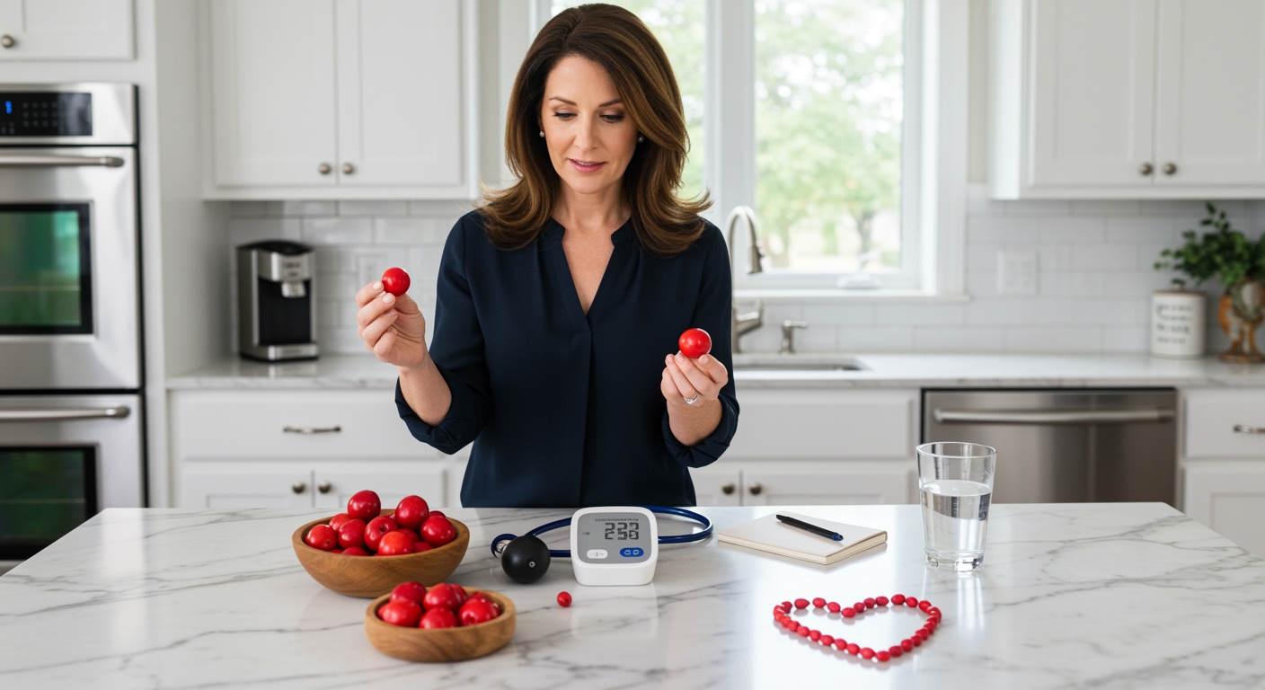 Woman holding miracle fruit with blood pressure monitor and health items on white marble kitchen counter