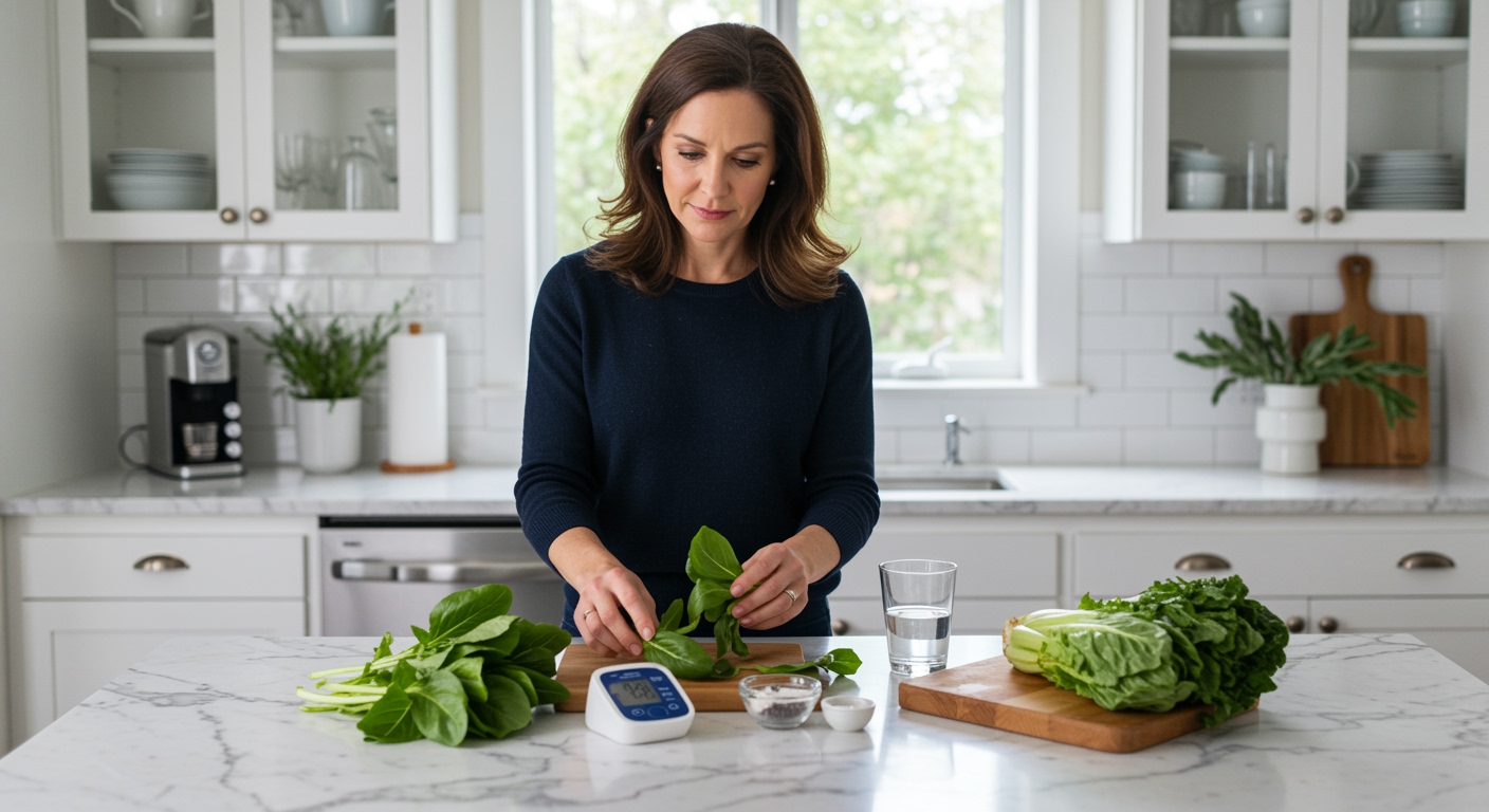 Woman examining fresh mizuna leaves on marble countertop with blood pressure monitor and health items in modern kitchen