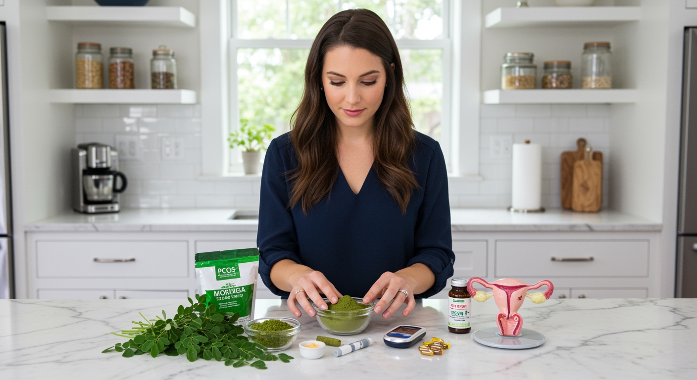 Young woman touching fresh moringa leaves on marble counter with PCOS-related health items and supplements arranged nearby