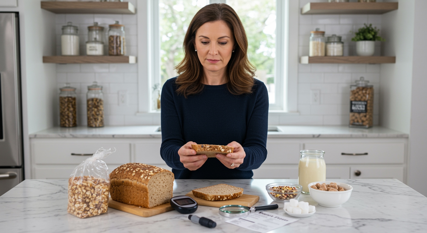 Middle-aged woman examining multigrain bread slice with blood glucose meter and grains arranged on white marble countertop