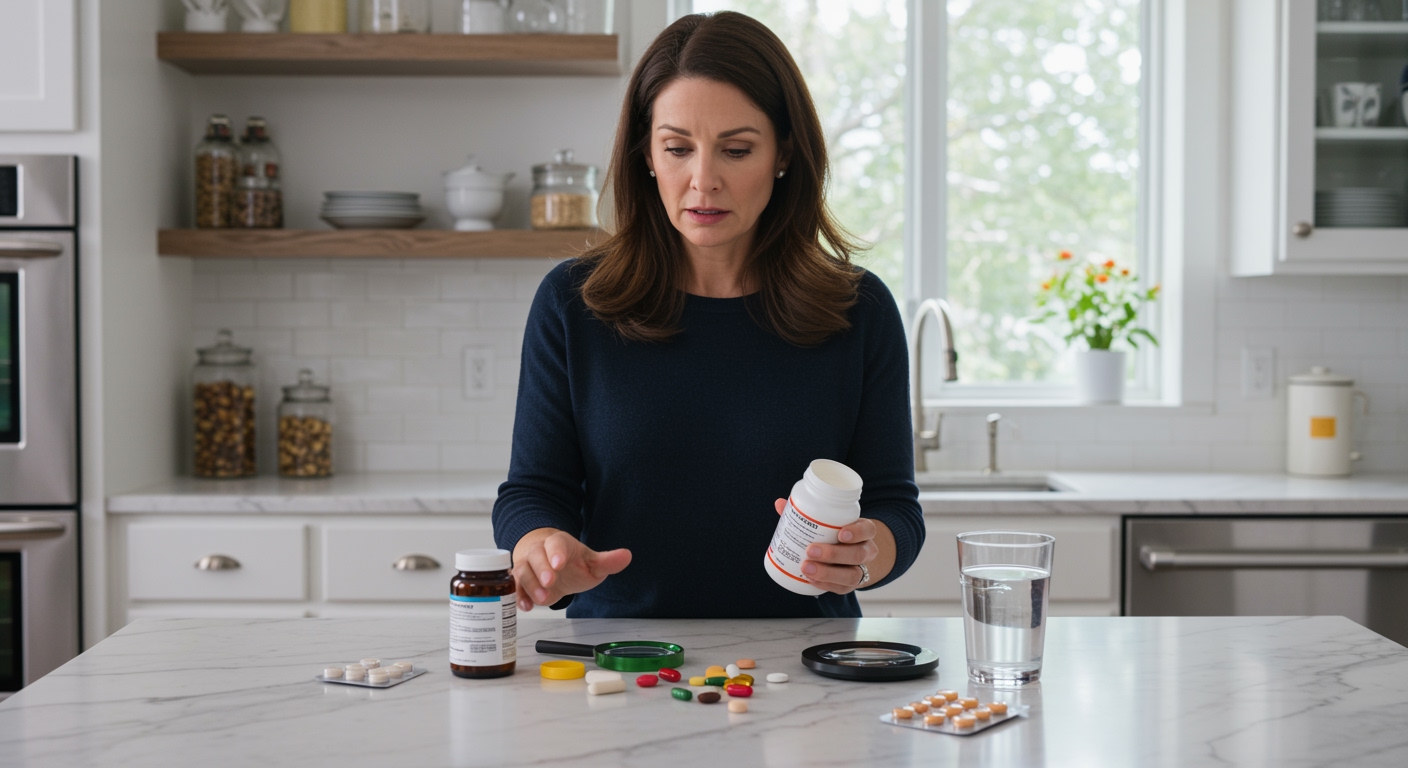 Woman holding multivitamin bottle examining supplement pills on marble countertop with magnifying glass and scale in modern kitchen