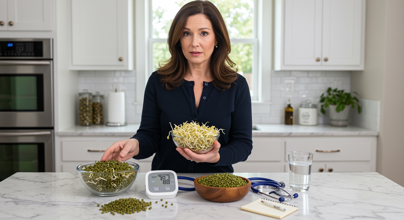 Woman holding bowl of mung bean sprouts standing behind marble counter with blood pressure monitor and health items visible