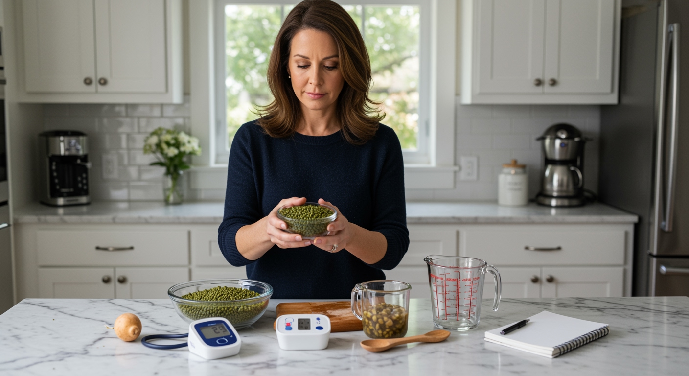 Woman holding bowl of mung beans while standing at marble countertop with blood pressure monitor and health items visible