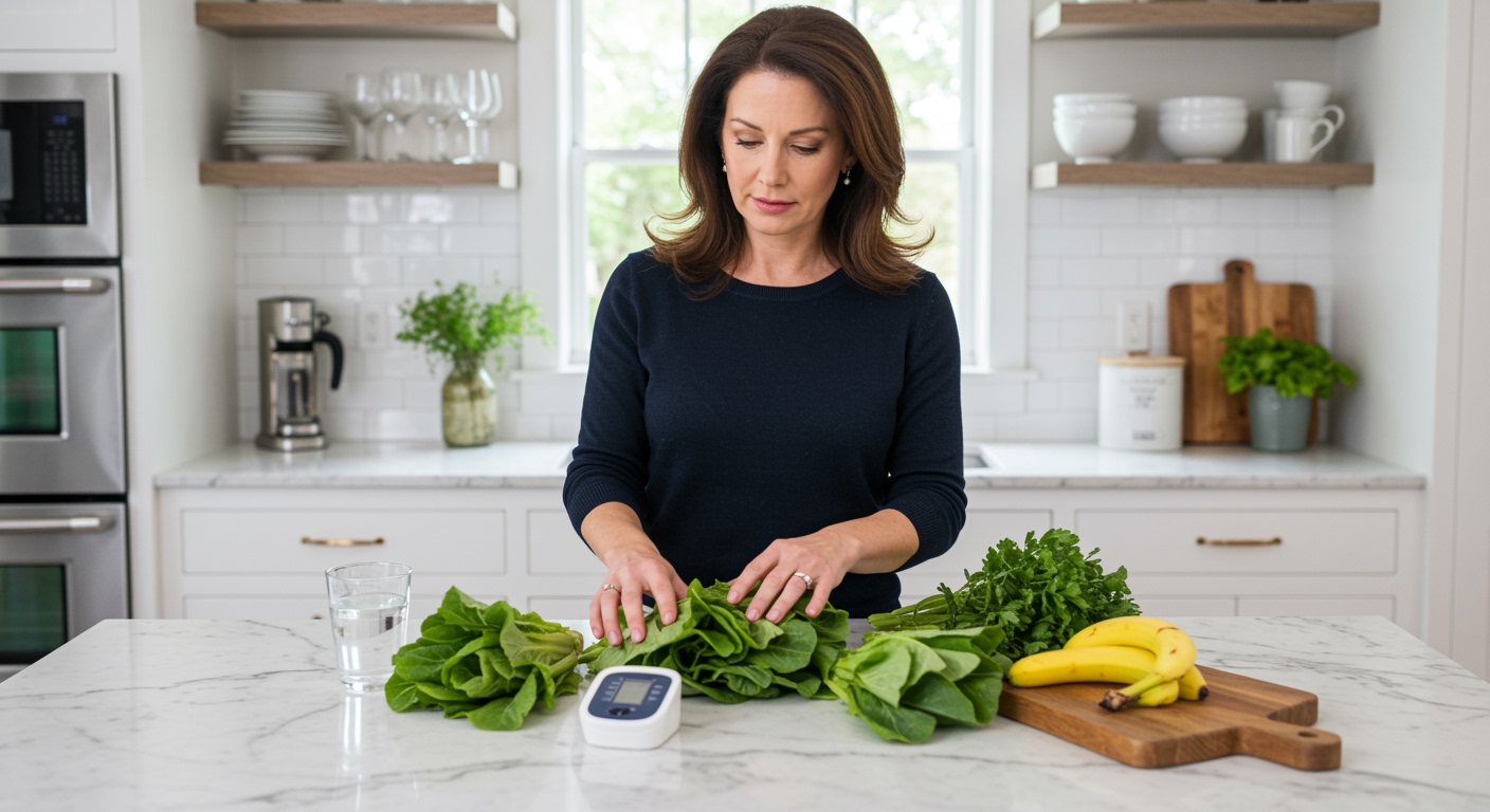 Woman examining fresh mustard greens on marble countertop with blood pressure monitor and heart-healthy foods in modern kitchen