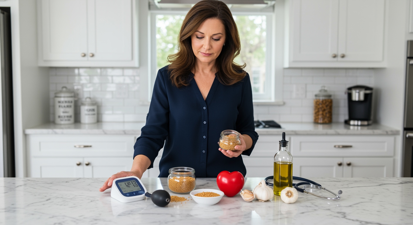 Woman examining mustard seeds on kitchen counter with blood pressure monitor and heart health items visible