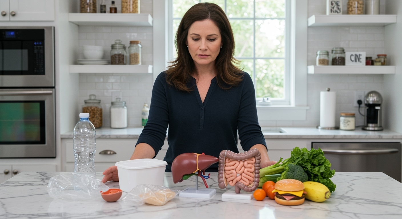Woman standing behind marble counter examining plastic bottles, food containers, intestine model, liver model, and food items in kitchen