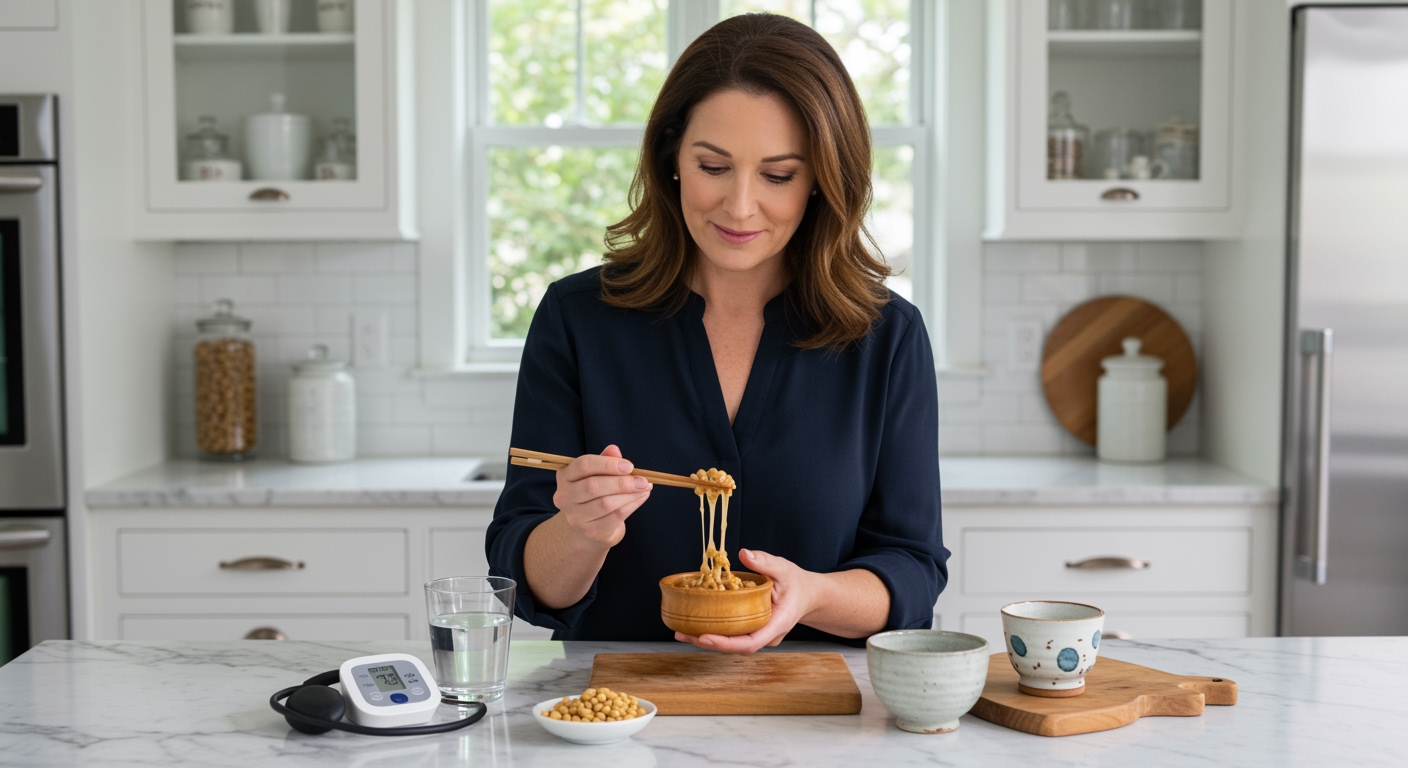 Middle-aged woman holding chopsticks examining natto beans on marble countertop with blood pressure monitor and supplements