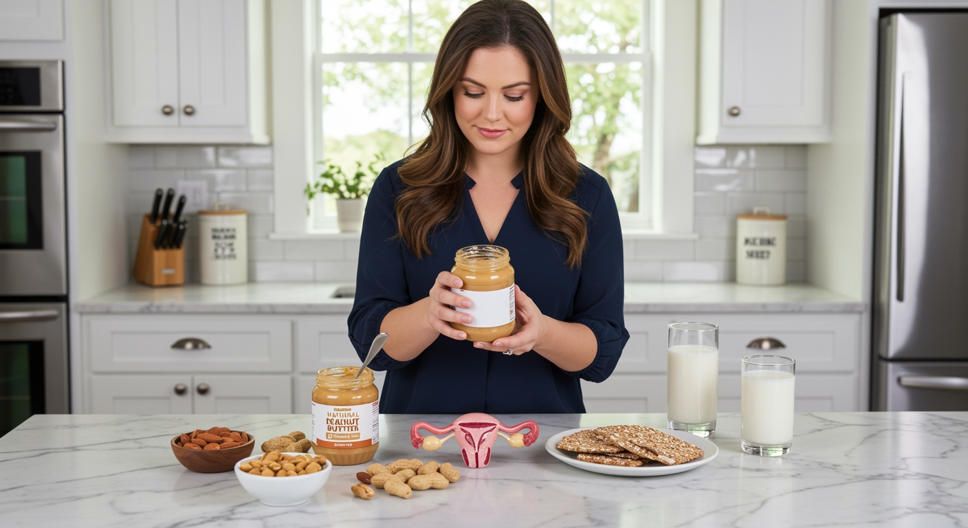Woman holding peanut butter jar on marble counter with nuts, crackers, and ovary model in bright modern kitchen