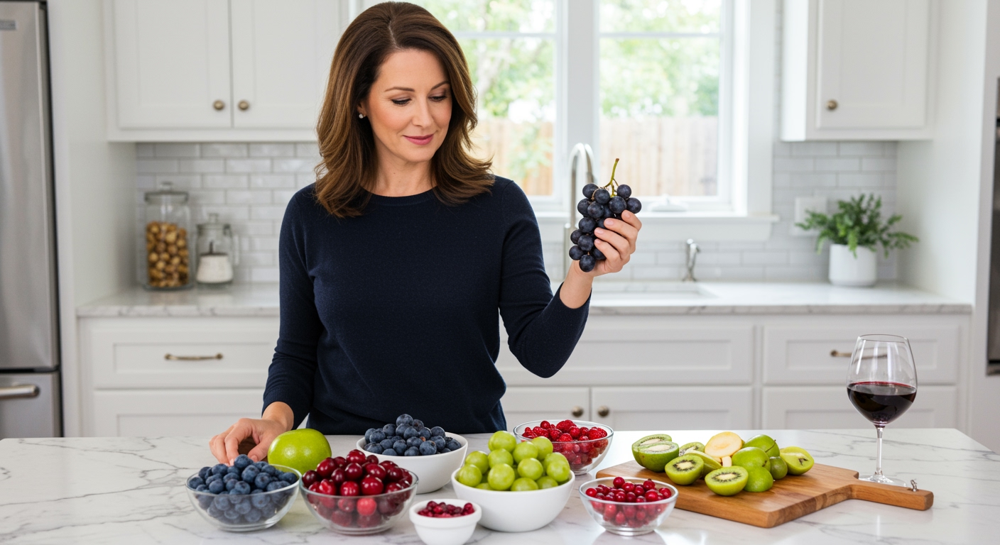 Woman holding dark grapes while standing behind marble counter with various antioxidant-rich fruits in modern kitchen