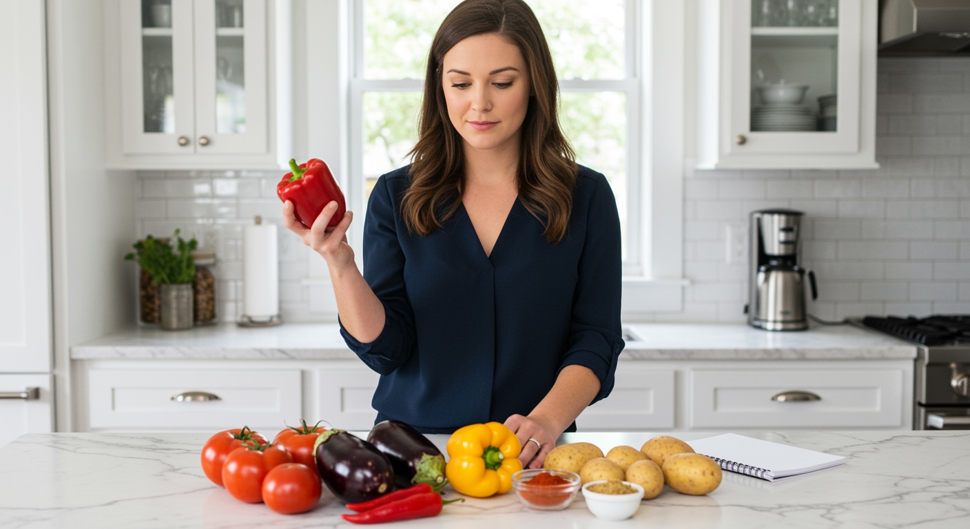 Woman holding red bell pepper behind marble counter with tomatoes, eggplant, potatoes and other nightshade vegetables in modern kitchen