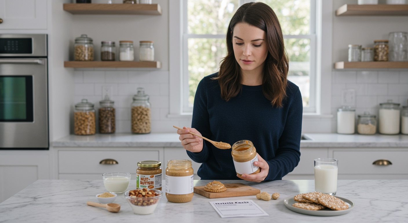Woman in navy sweater examining nut butter jar on marble countertop with various nut products and kitchen items in bright modern kitchen