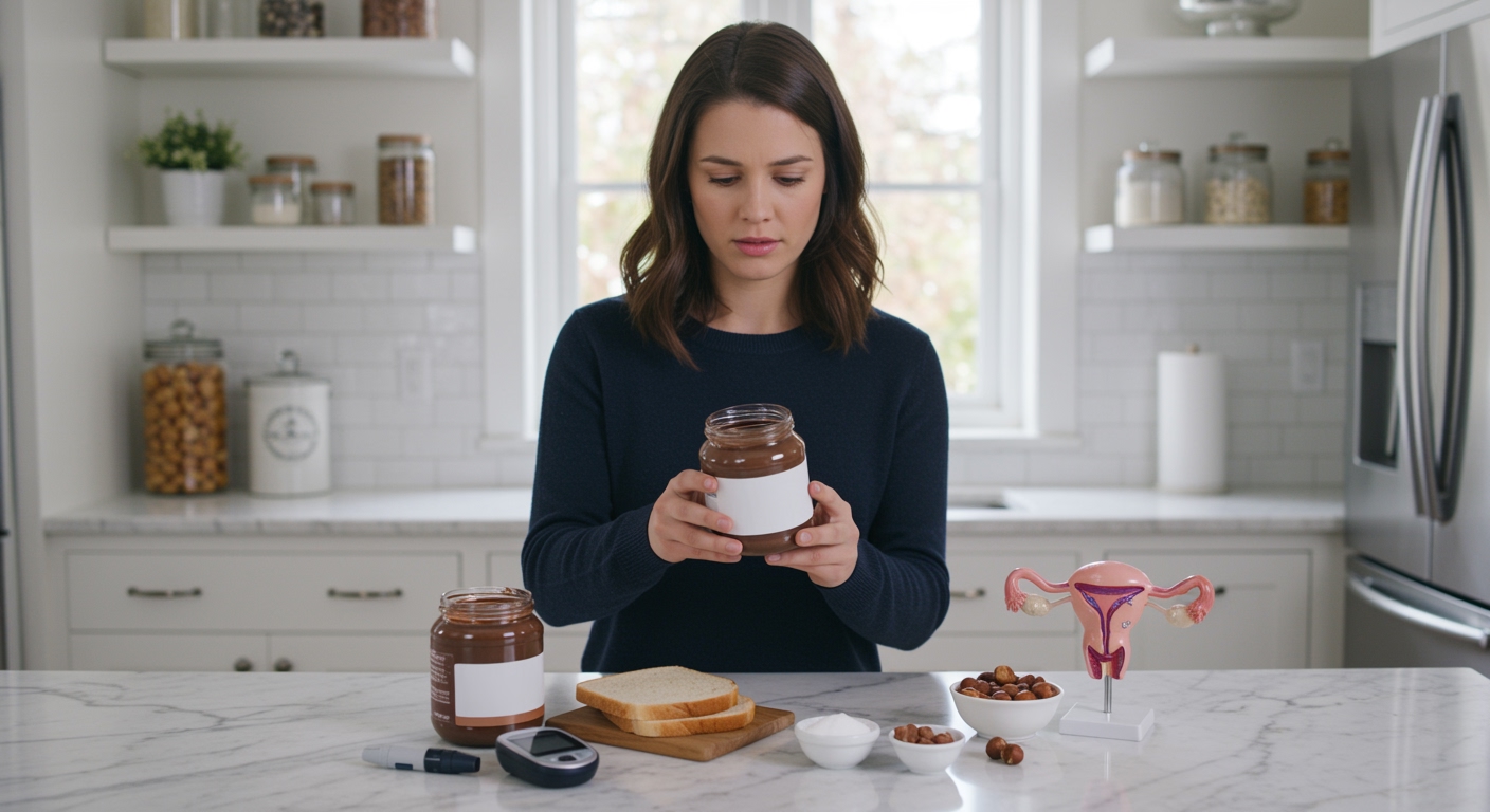 Woman in navy sweater examining chocolate spread jar with health monitoring tools and ingredients on marble countertop