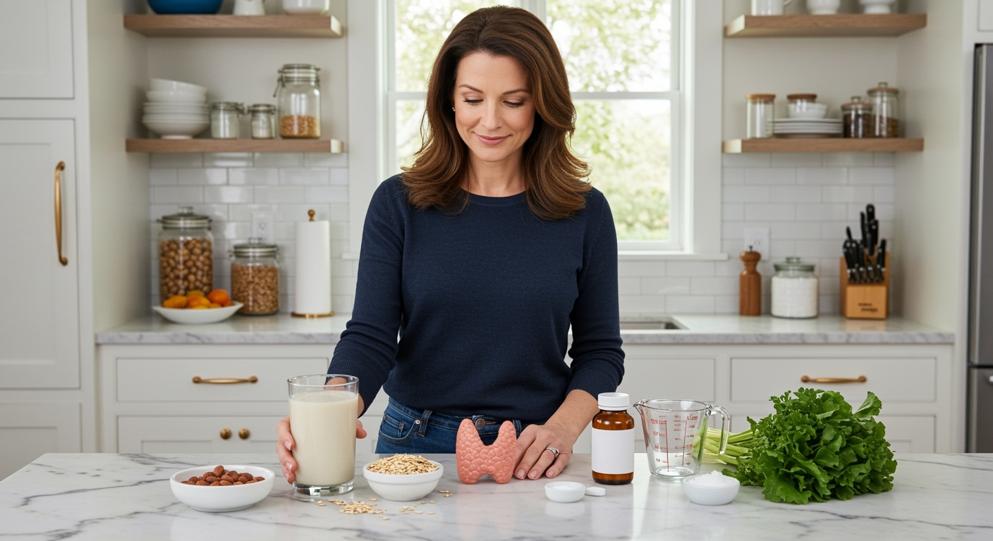 Woman holding glass of oat milk while standing behind marble counter with thyroid model, medication, vegetables, and supplements