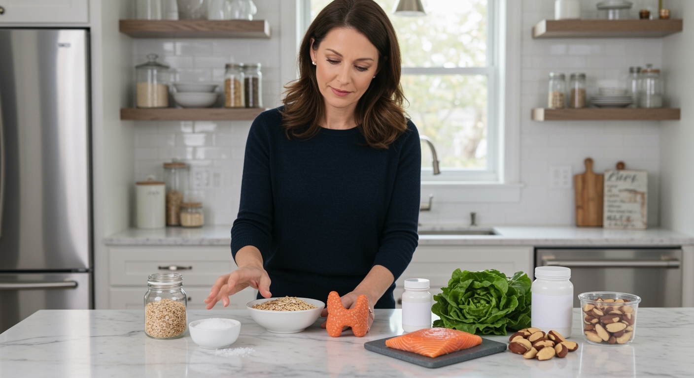 Woman standing behind marble counter examining bowl of oats alongside thyroid model, medication, and nutritious foods in sunlit kitchen