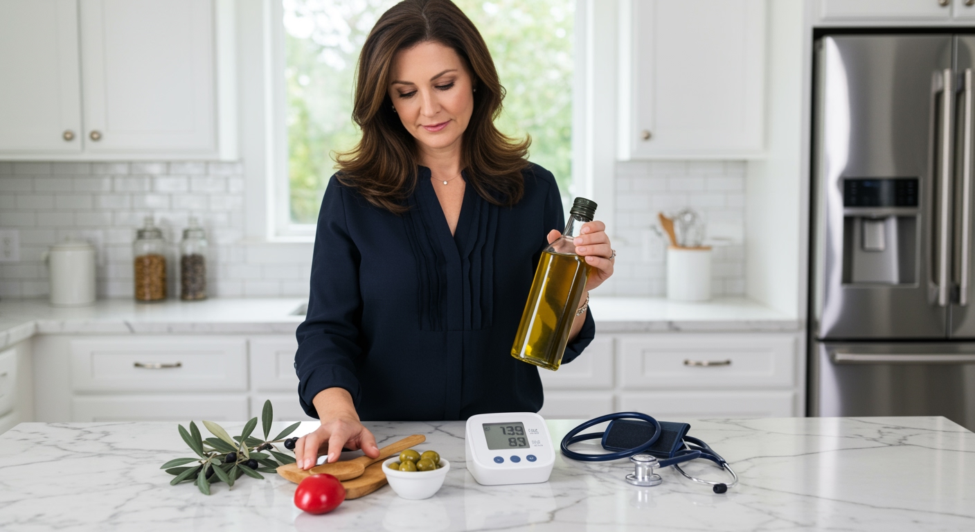 Middle-aged woman holding olive oil bottle next to blood pressure monitor on white marble kitchen counter with medical items