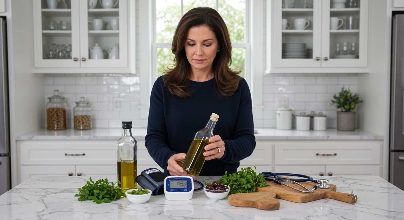 Woman holding olive oil bottle behind marble counter with blood pressure monitor and Mediterranean foods in modern kitchen