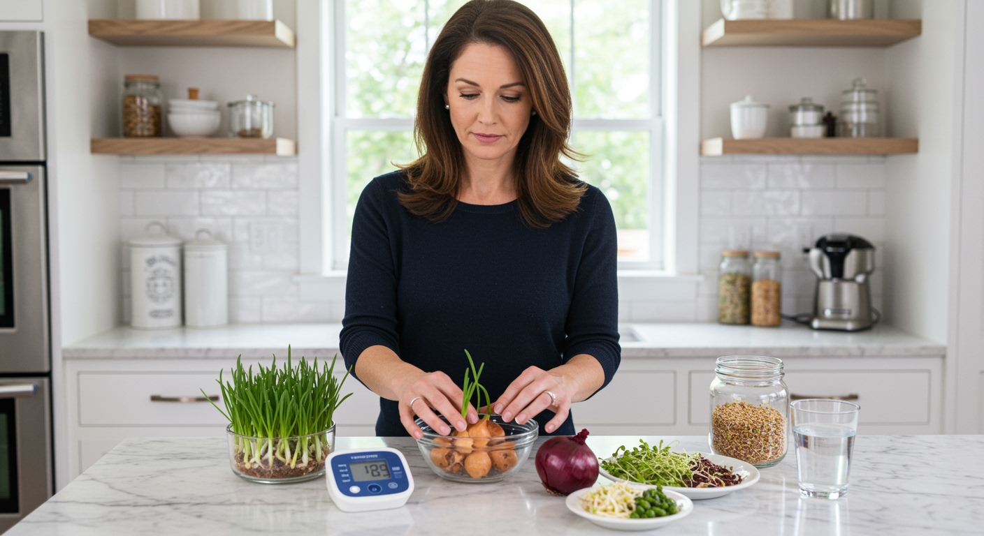 Middle-aged woman examining onion sprouts on marble countertop with blood pressure monitor and sprouting supplies in bright kitchen