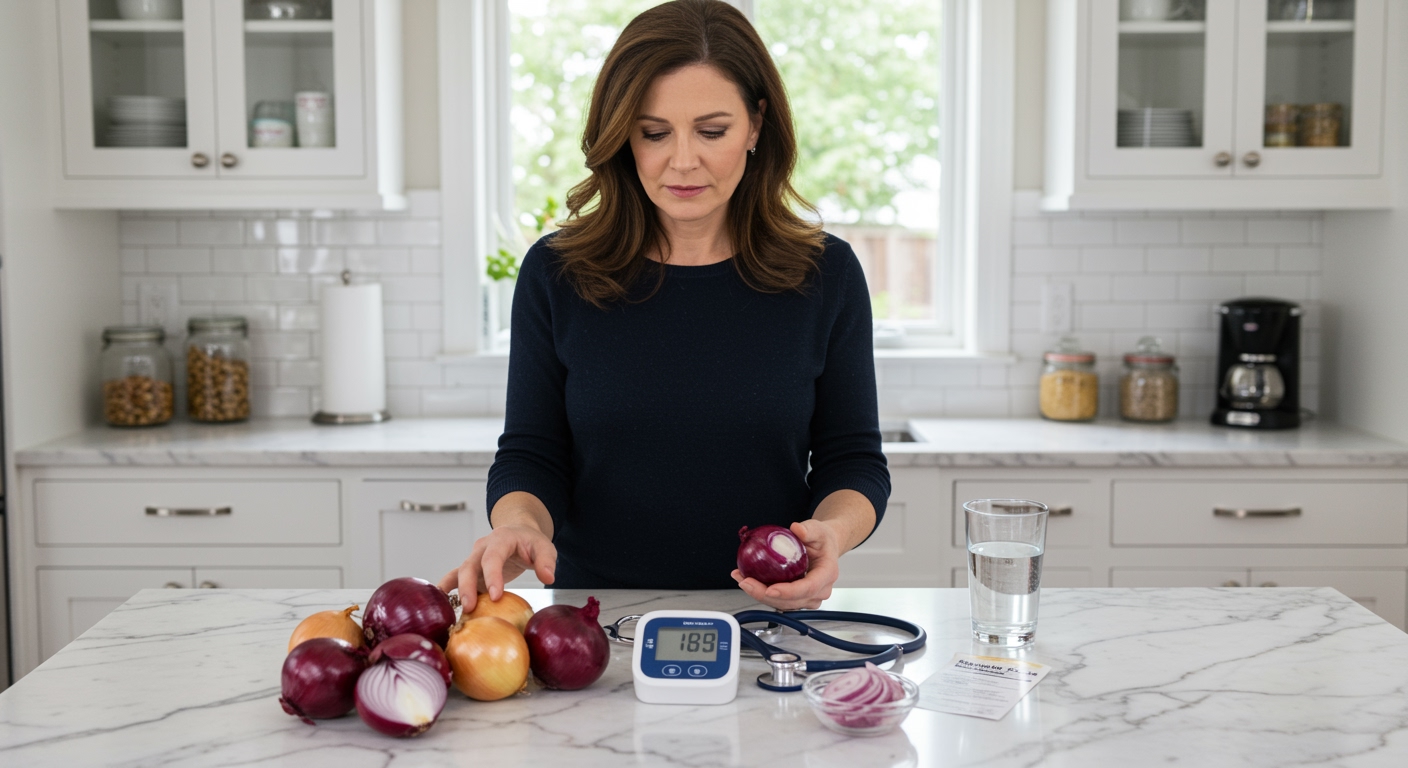 Middle-aged woman holding onion while standing behind marble counter with blood pressure monitor and fresh onions visible