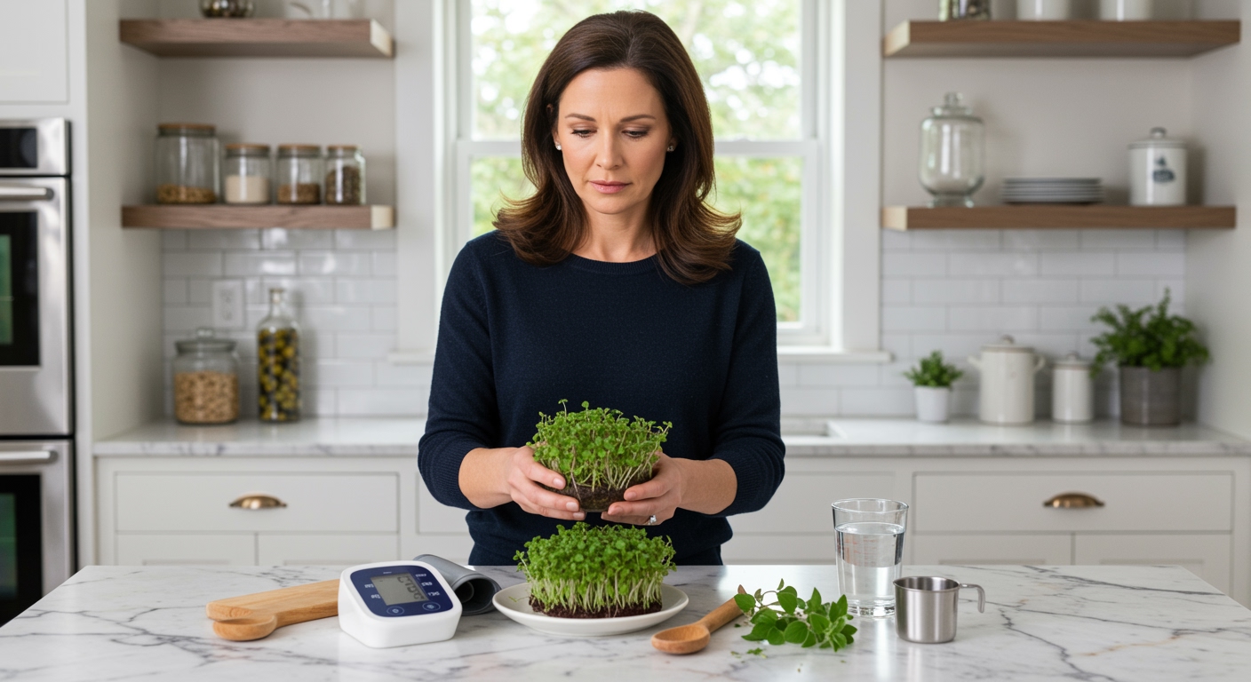 Woman holding oregano sprouts in glass bowl with blood pressure monitor and herbs on marble kitchen counter