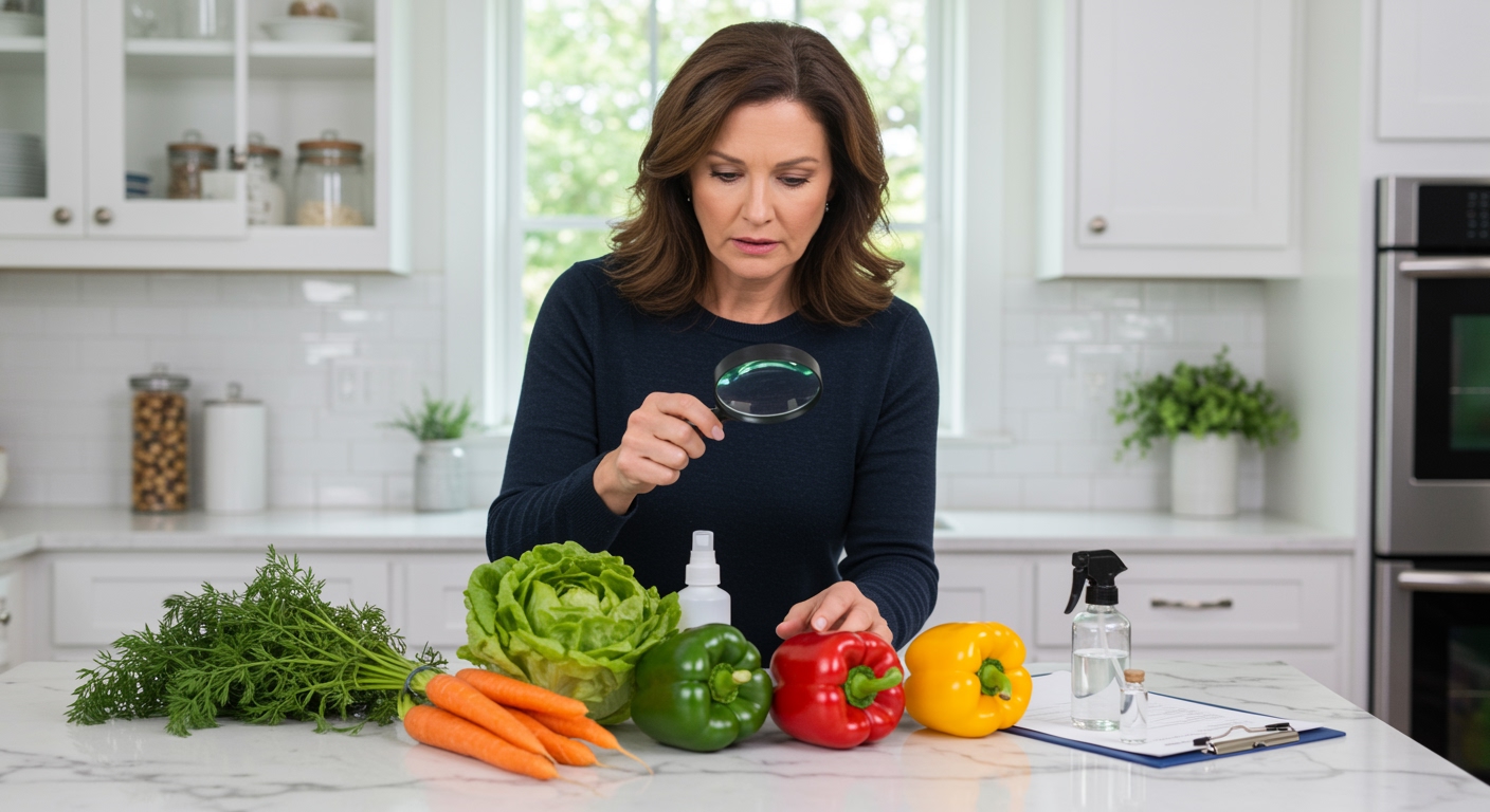 Woman holding magnifying glass examining organic vegetables on marble counter with pesticide bottle and testing materials