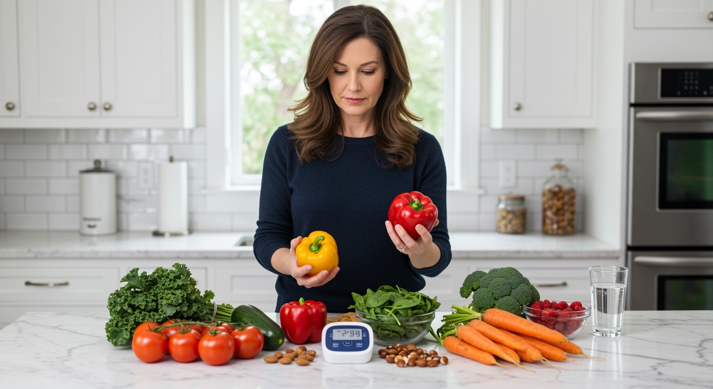 Middle-aged woman holding red bell pepper while examining organic vegetables on marble countertop with blood pressure monitor