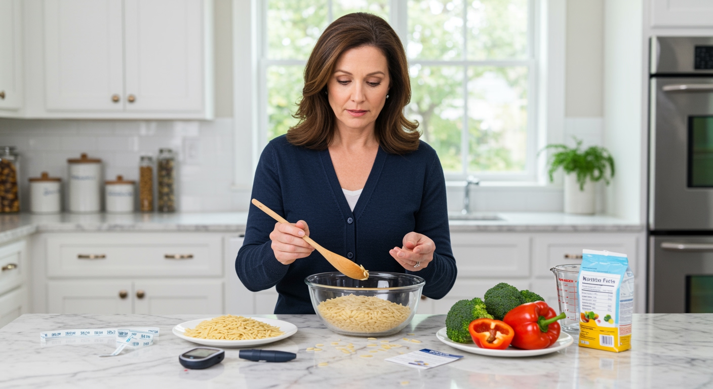 Woman holding wooden spoon examining orzo pasta in glass bowl with glucose meter and vegetables on marble countertop