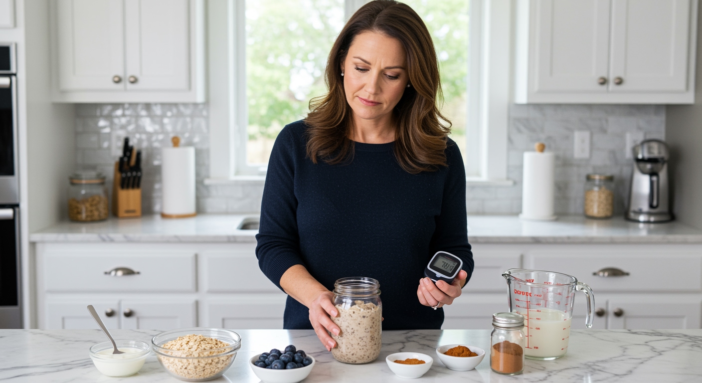 Woman holding jar of overnight oats and glucose meter on marble countertop with oats, yogurt, and berries in modern kitchen