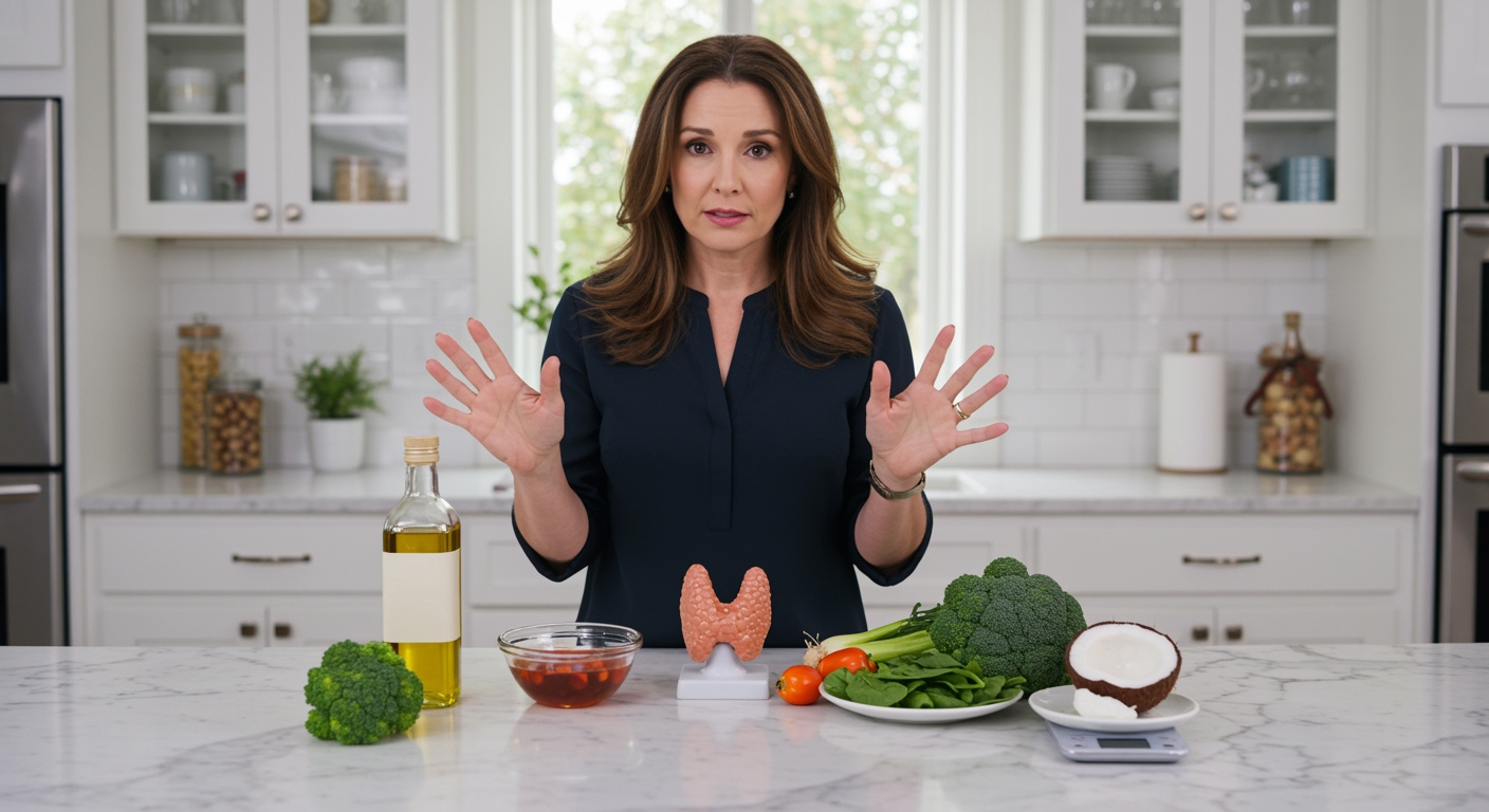 Woman standing behind marble countertop with palm oil, thyroid model, vegetables, and cooking oils in bright modern kitchen
