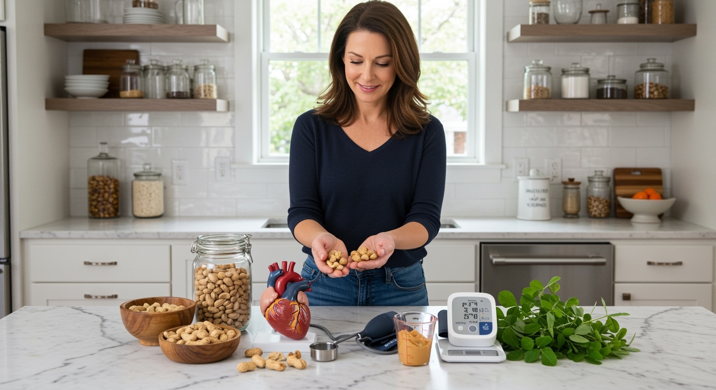 Woman holding peanuts at marble counter with heart model, blood pressure monitor, peanut butter, and measuring tools in sunlit kitchen