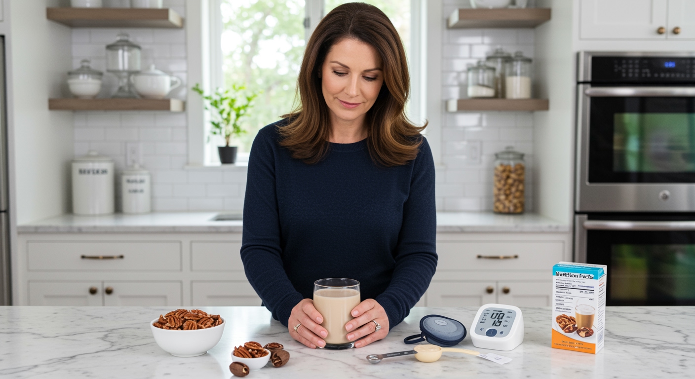 Woman holding glass of pecan cream behind marble counter with blood pressure monitor and pecans arranged nearby in bright kitchen