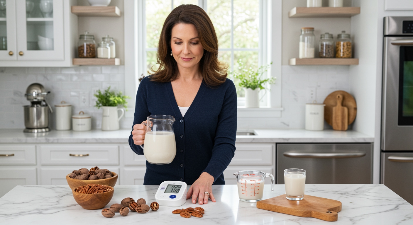 Woman holding pecan milk pitcher standing behind marble counter with pecans and blood pressure monitor in bright kitchen