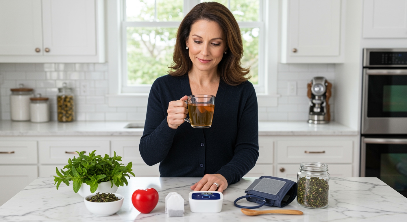 Woman holding peppermint tea mug while examining blood pressure monitor on marble counter with fresh mint leaves